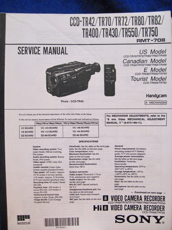 Image sur Sony CCDTR42,TR70,TR72,TR80,TR82,TR400 Service/Repair Manuals